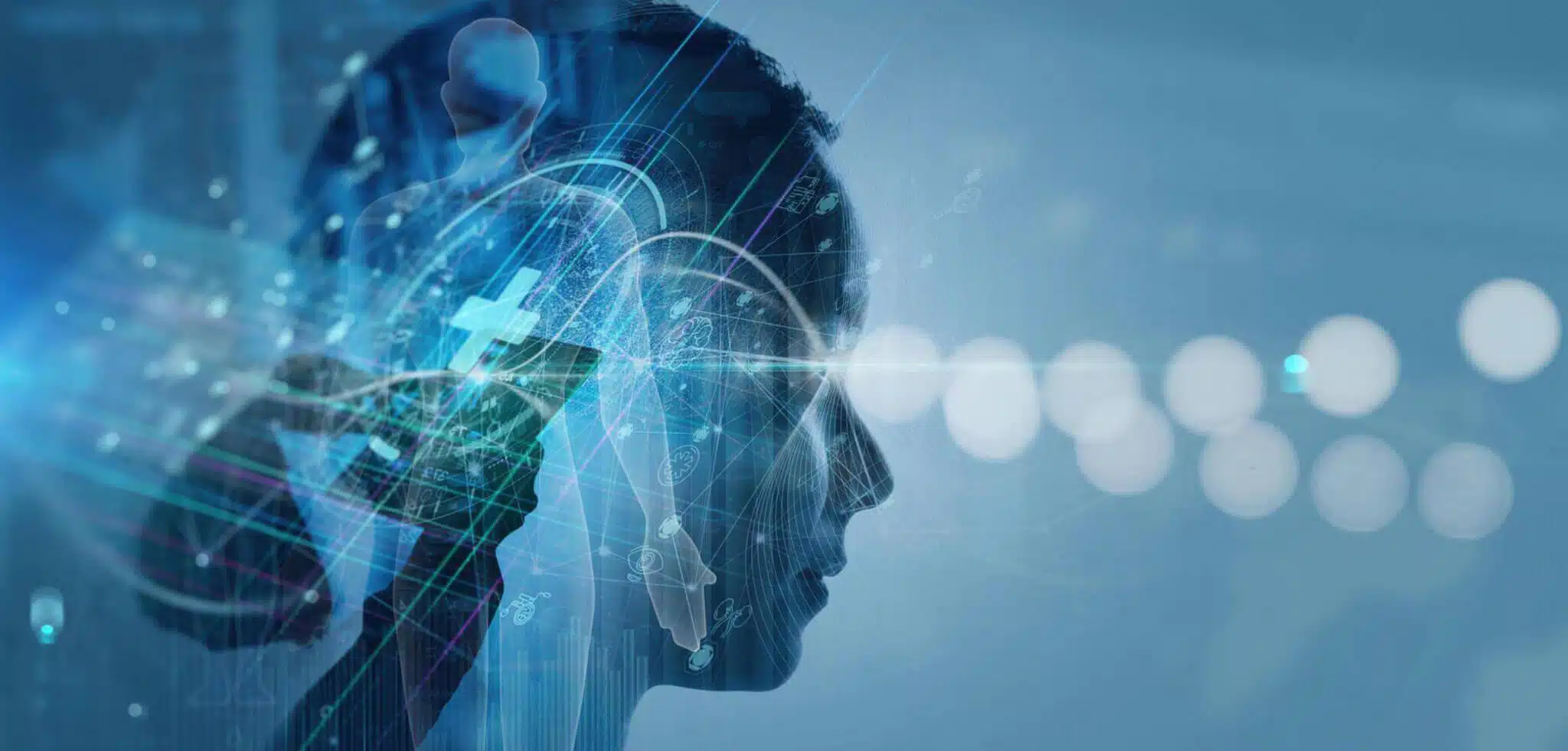 Silhouetted woman with futuristic digital brain interface.