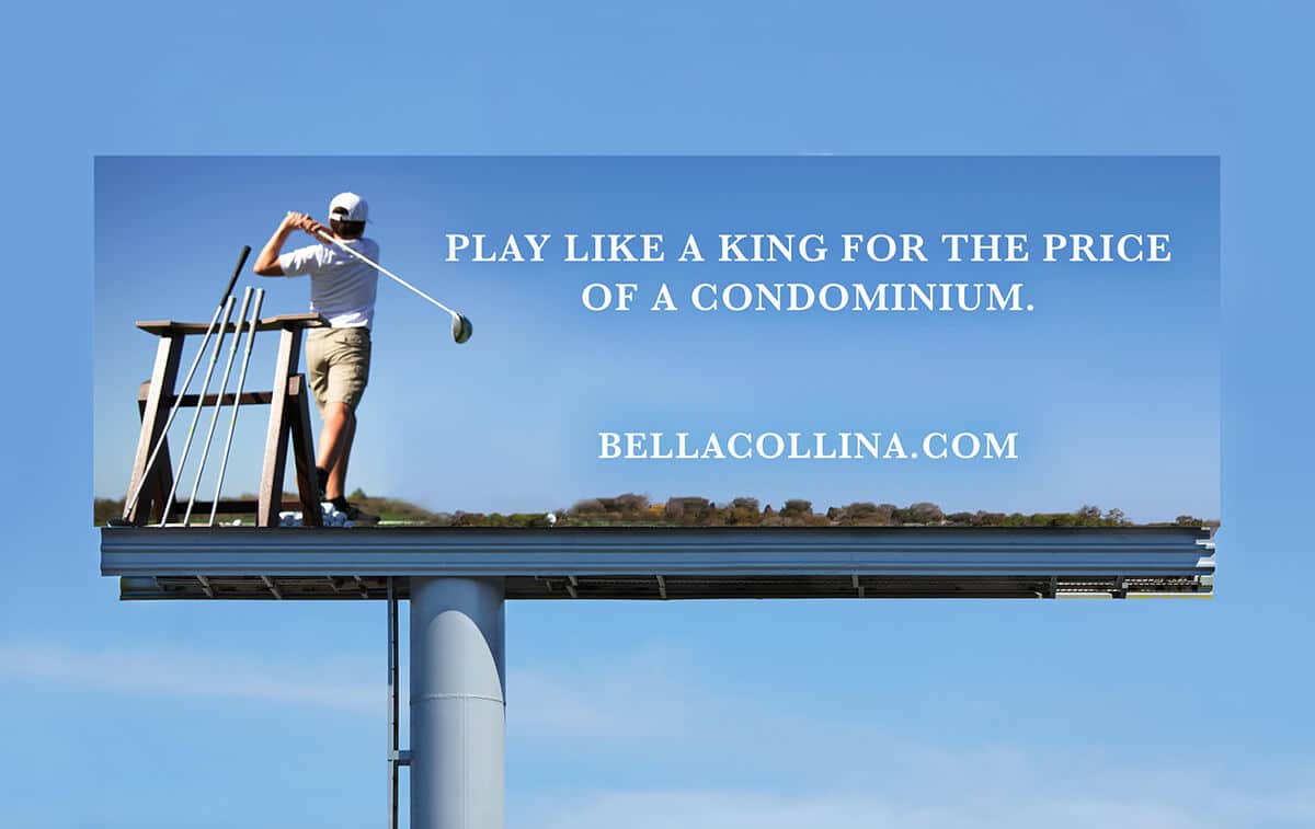 Golfer swinging on billboard advertisement for Bellacollina.com