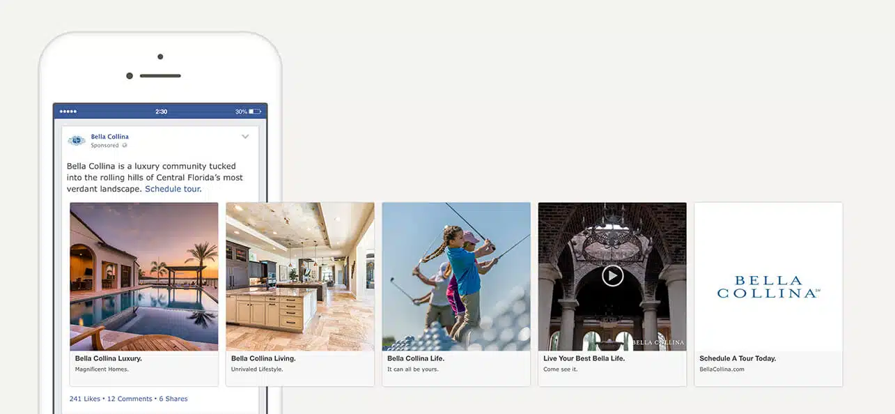 Mobile view of Bella Collina community ad.