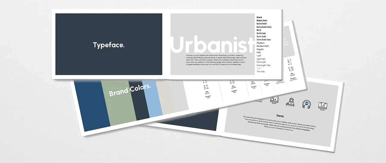 Brand identity materials showcasing typography and color palette.