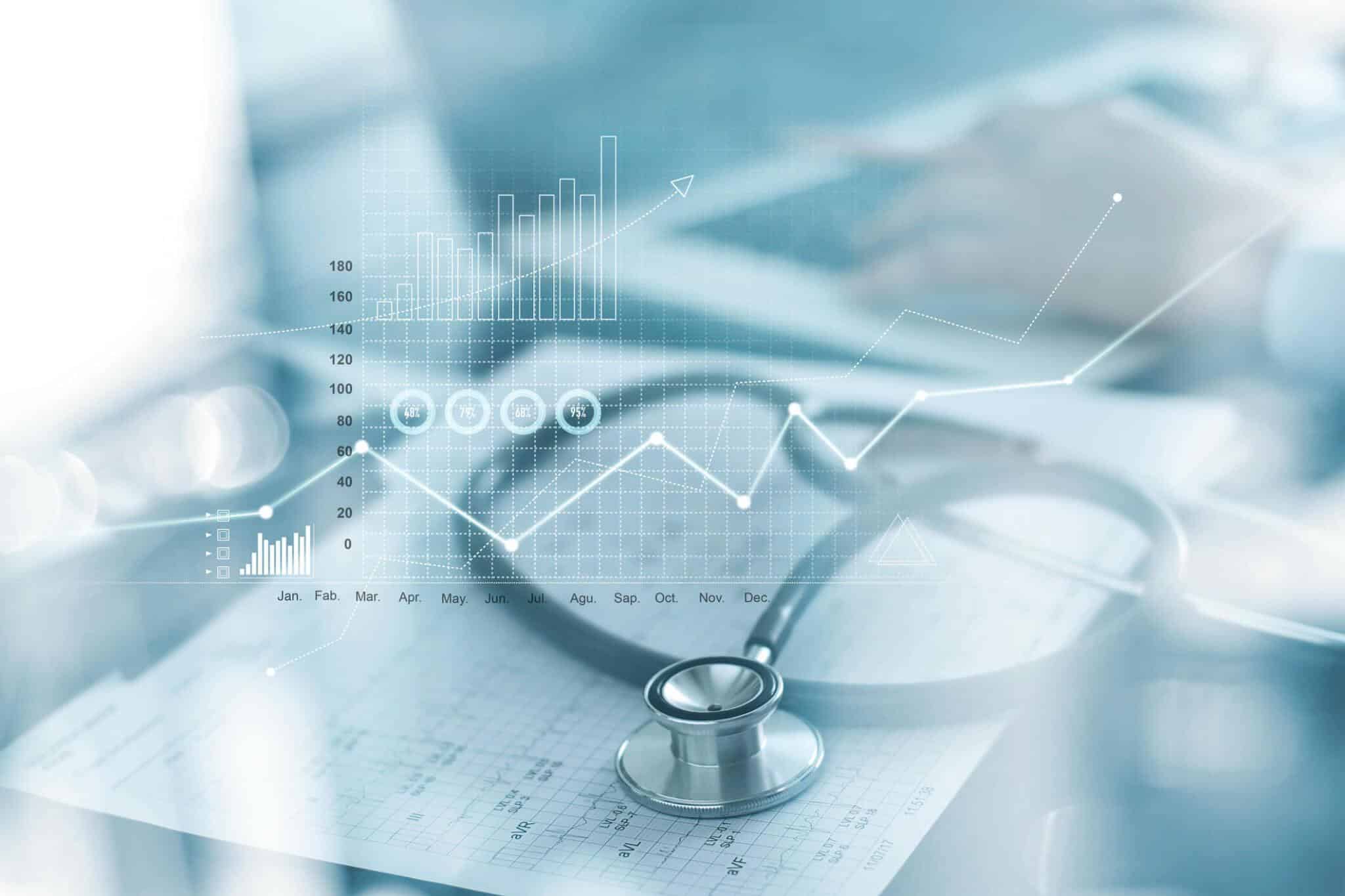 Healthcare analytics concept with stethoscope and data graphs.