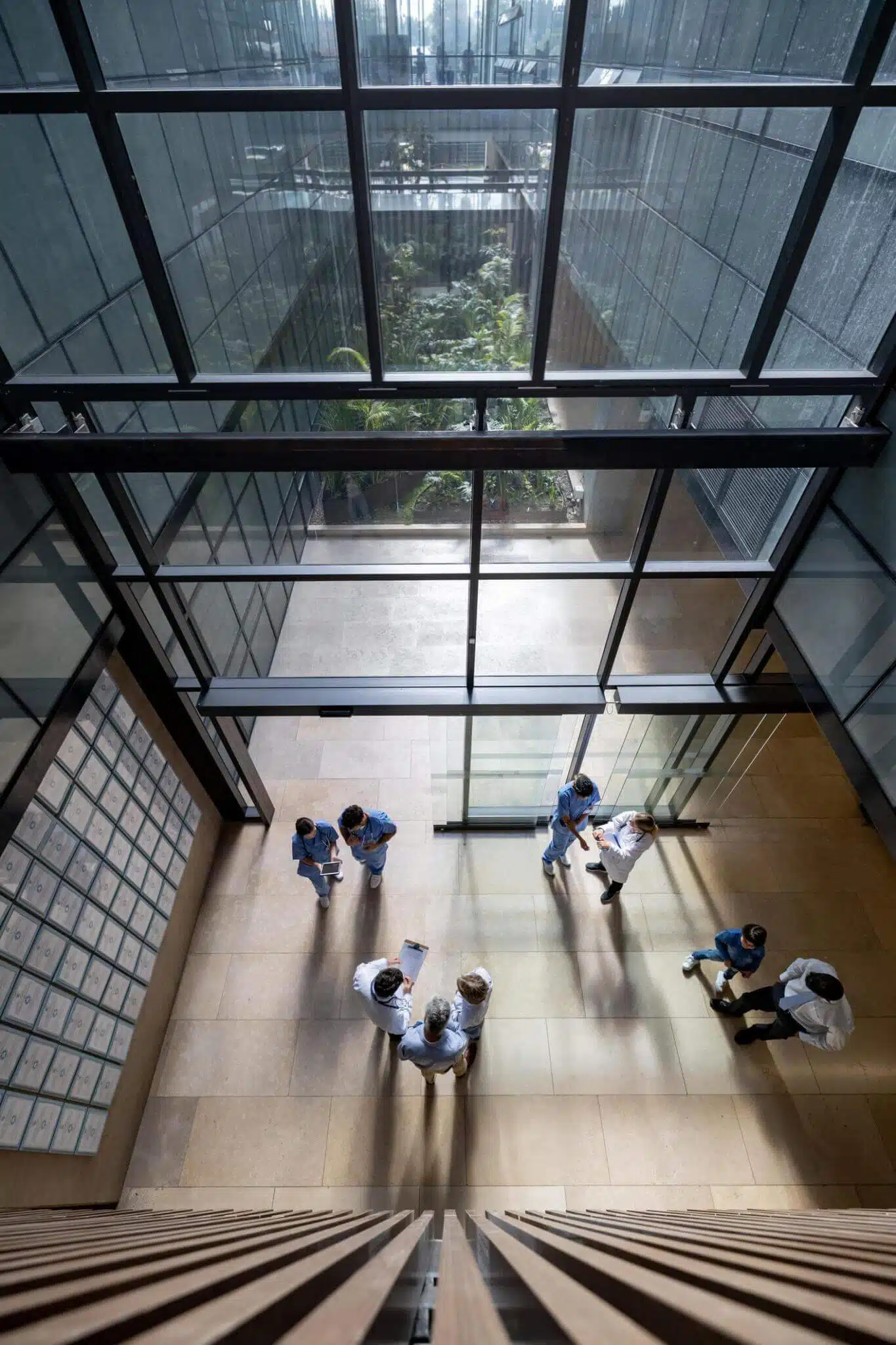 People in modern atrium with glass ceiling.