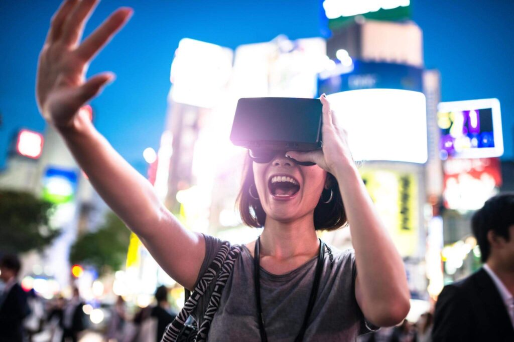 Woman experiencing virtual reality in a bustling cityscape.