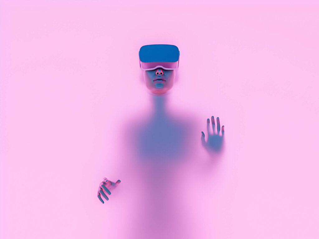 Person with VR headset on pink background.