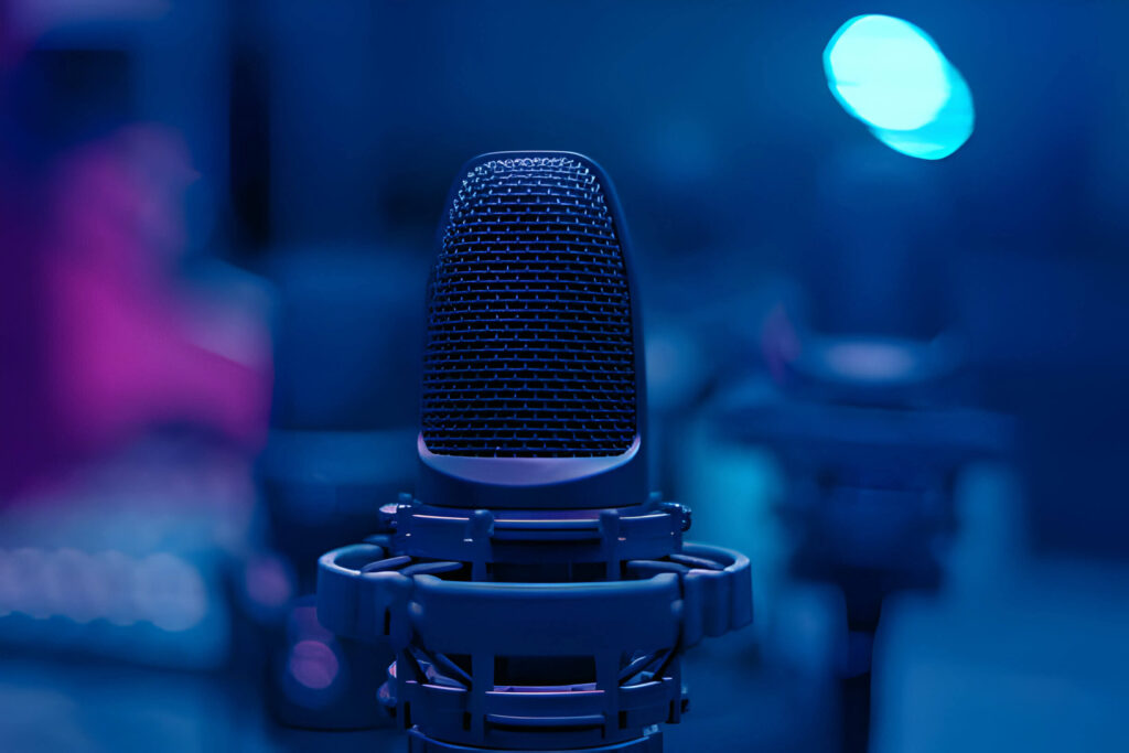 Studio microphone in blue ambient lighting