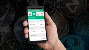 Mobile banking app with cryptocurrency background