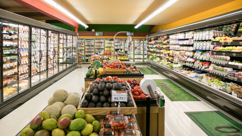Grocery store aisle with produce and refrigerated goods.