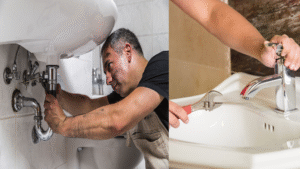 Plumber fixing sink pipes with wrench.